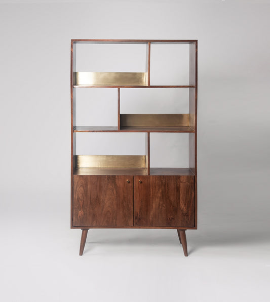 Fresko Open Bookcase – Modern Design in Solid Mango Wood with Brass Accents