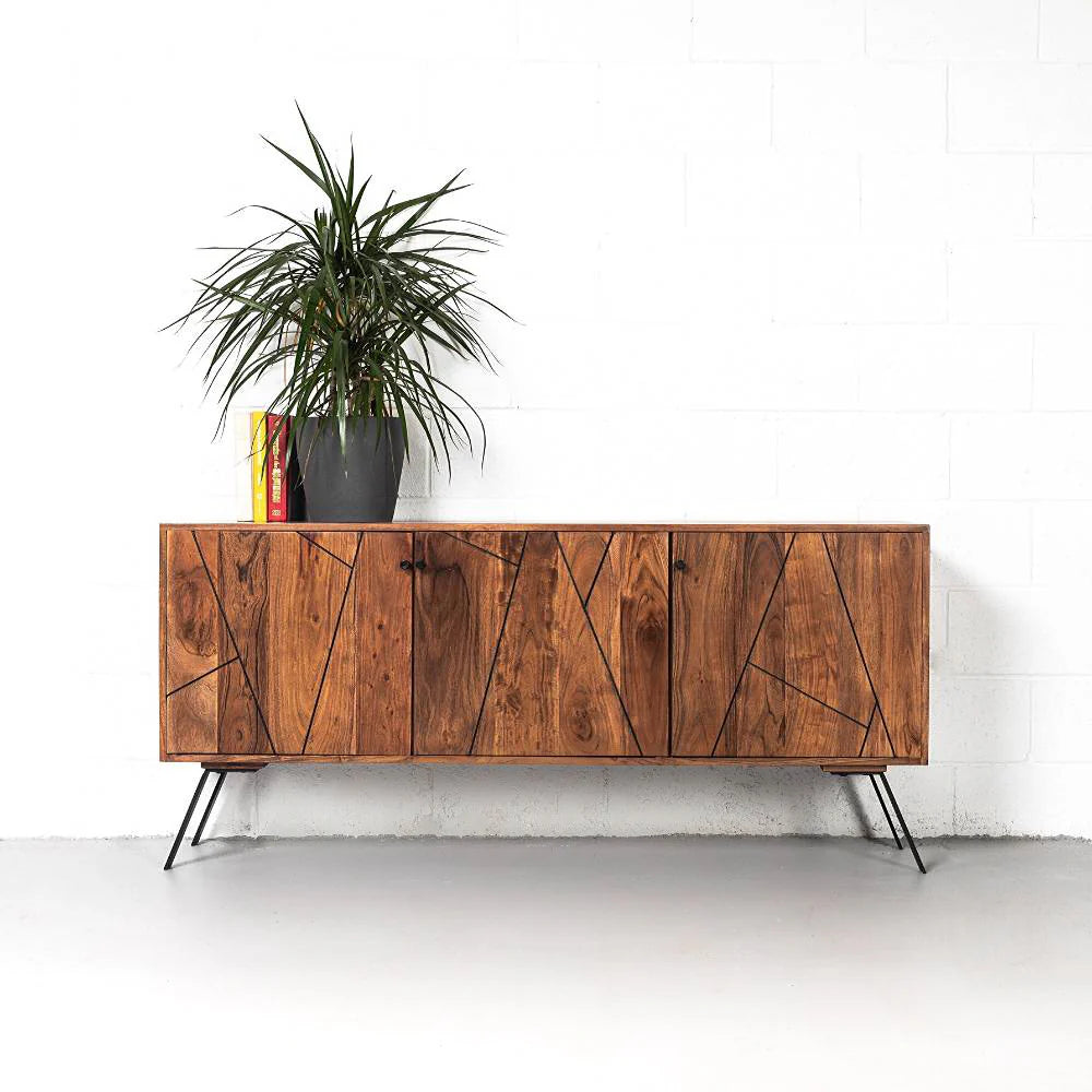 Palam Collection Three-Door Sideboard – Stylish Storage in Solid Acacia Wood with Honey Rosewood Finish